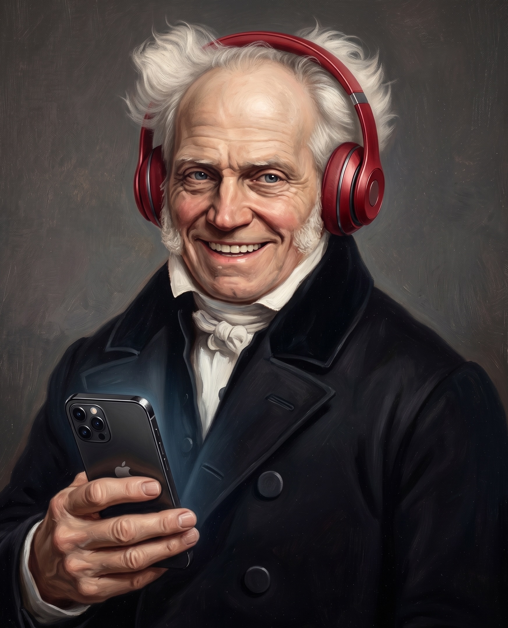 Retrato estilizado de Arthur Schopenhauer com fones vermelhos segurando um iPhone — referência clássica abraçando a forma moderna.