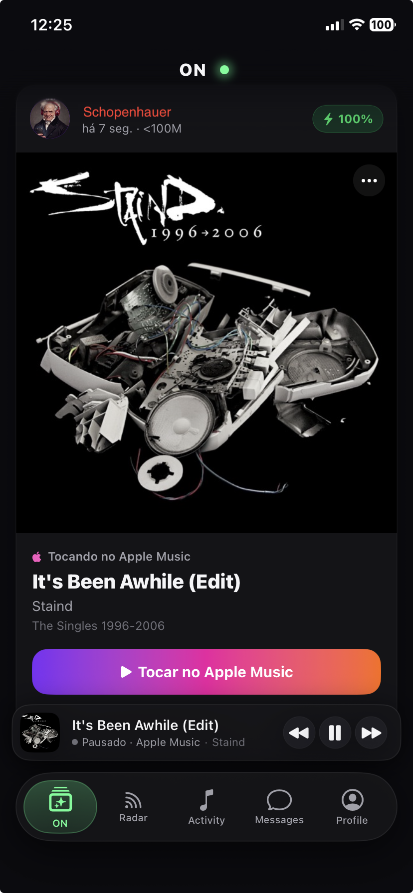 App WillRebel — tab ON mostrando "It's Been Awhile (Edit)" do Staind tocando no Apple Music, com sintonia ativa em 100%.